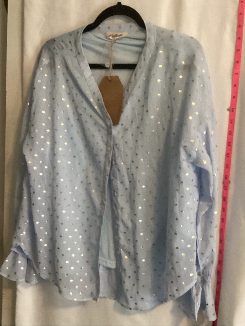 Light Blue gold Metallic Dot Button-Front Women's Top lined front workday
